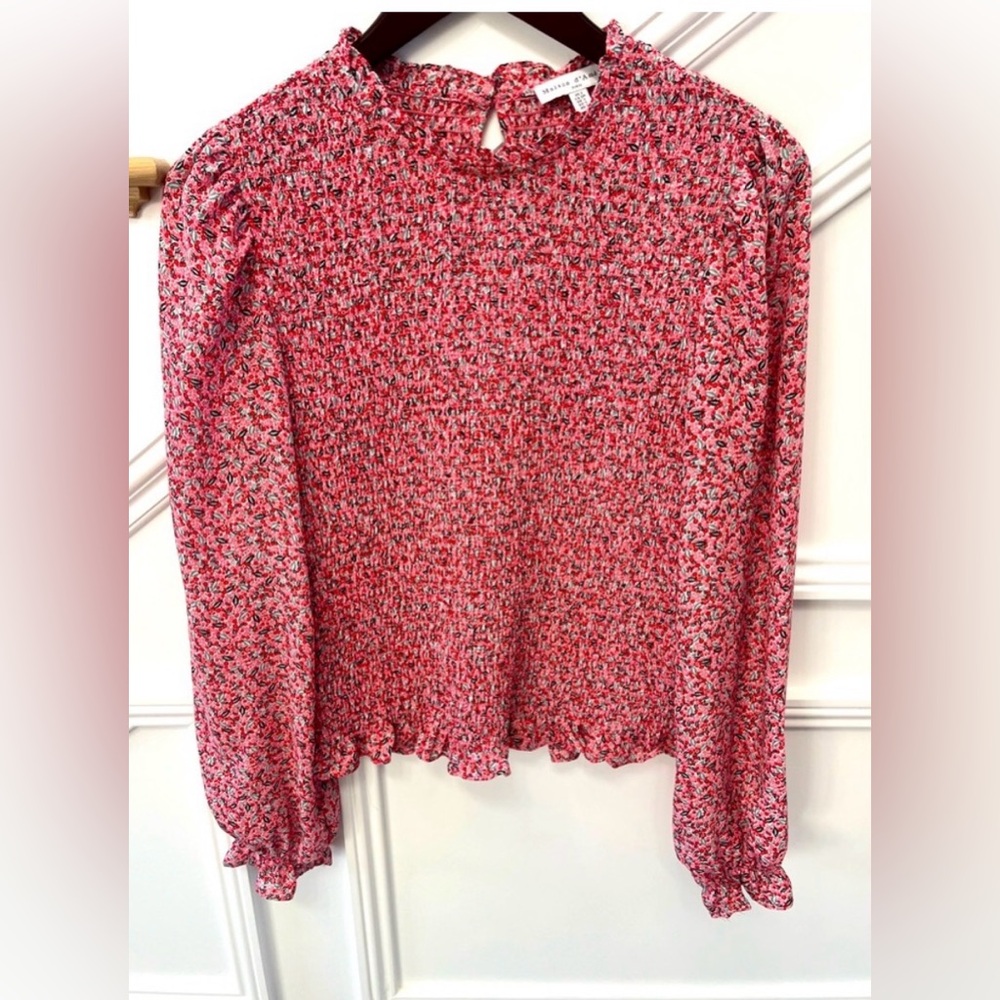 Madewell Pink Floral Smocked Ruffle-Neck Blouse